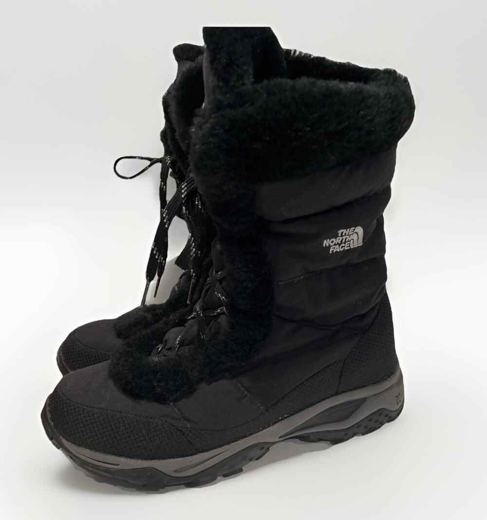 READ The North Face Boots Womens Size 8 Black Faux Fur Lace Up Nuptse EUC
